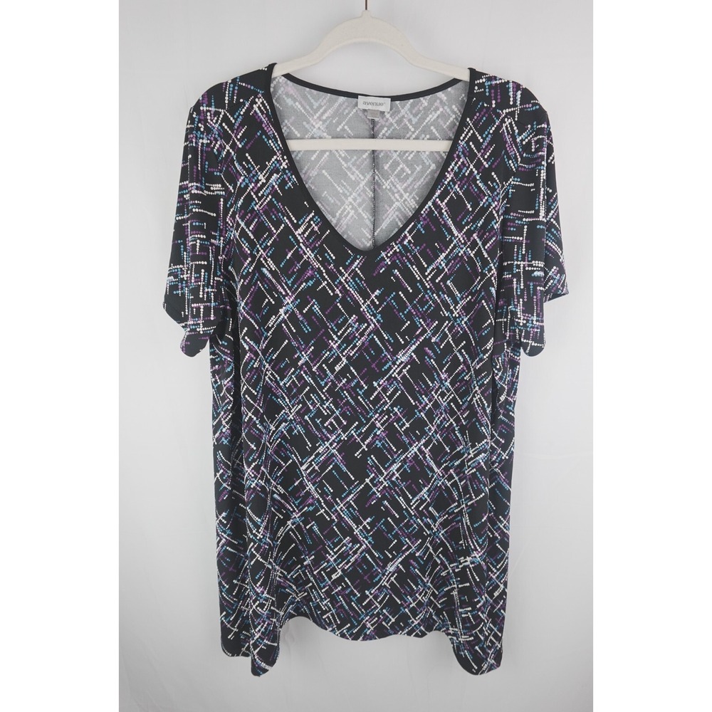Avenue Tunic Top Plus 18/20 Black Art Deco V-Neck Short Sleeve Blouse